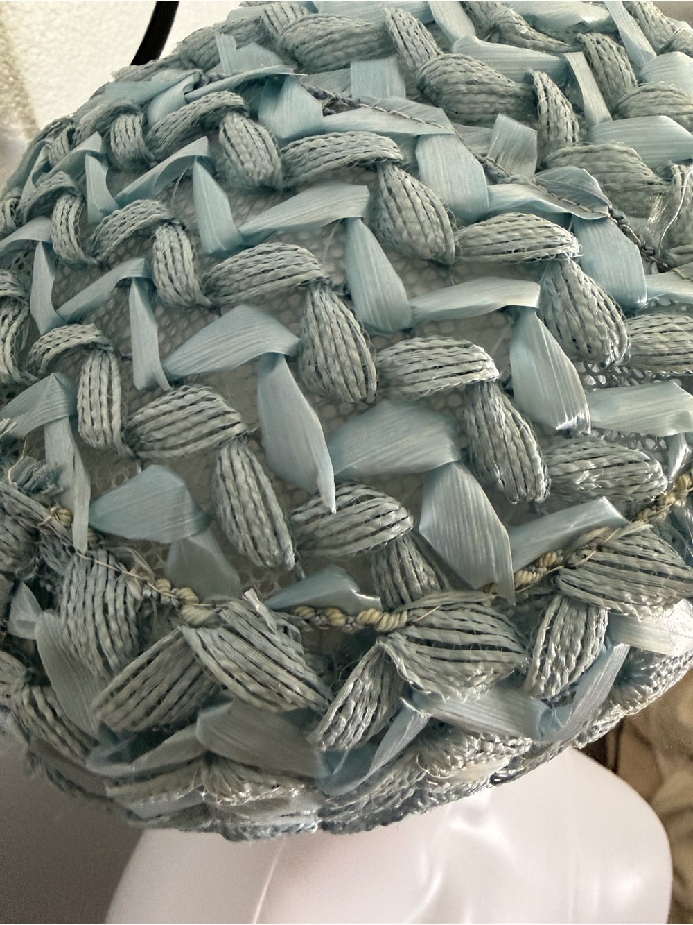 Vtg Woven Raffia Beret in Light Teal Pillbox Hat - Picture 8 of 8